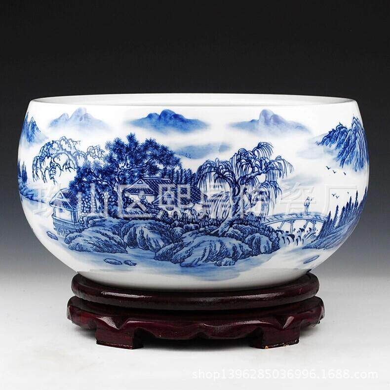 景德镇陶瓷鱼缸 手绘青花山水聚宝盆养鱼缸家居时尚摆件