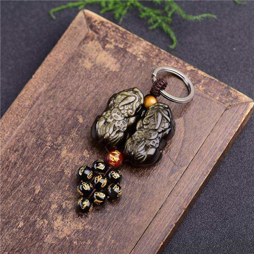 天然金曜石背三钱貔貅钥匙扣配烫金六字七星阵挂件汽车钥匙环