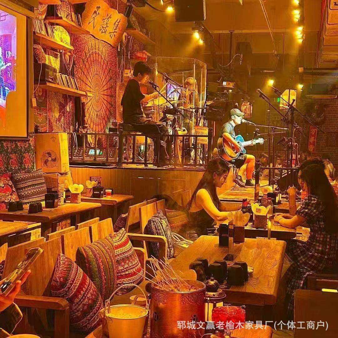 漫咖啡桌椅组合复古餐厅咖啡厅家具椅子老榆木双人沙发老门板椅子