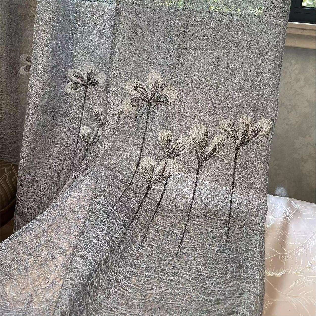 源头厂家灰色刺绣木棉花纱高档绣花阳台纱新中式现代简约客厅纱帘