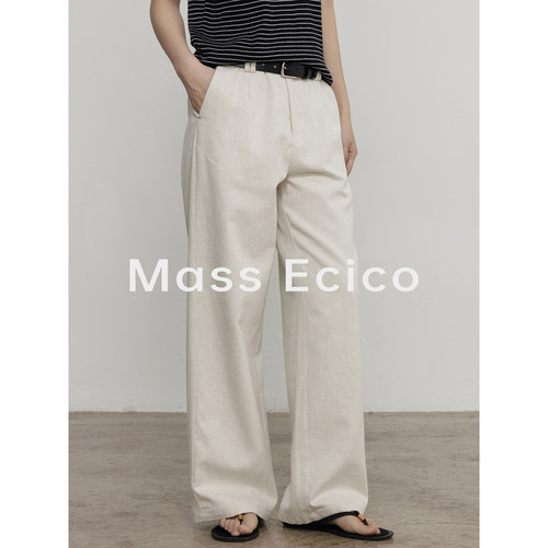 Mass Ecico纯色日常通勤高腰直筒休闲裤女夏季亚麻百搭显瘦阔腿裤