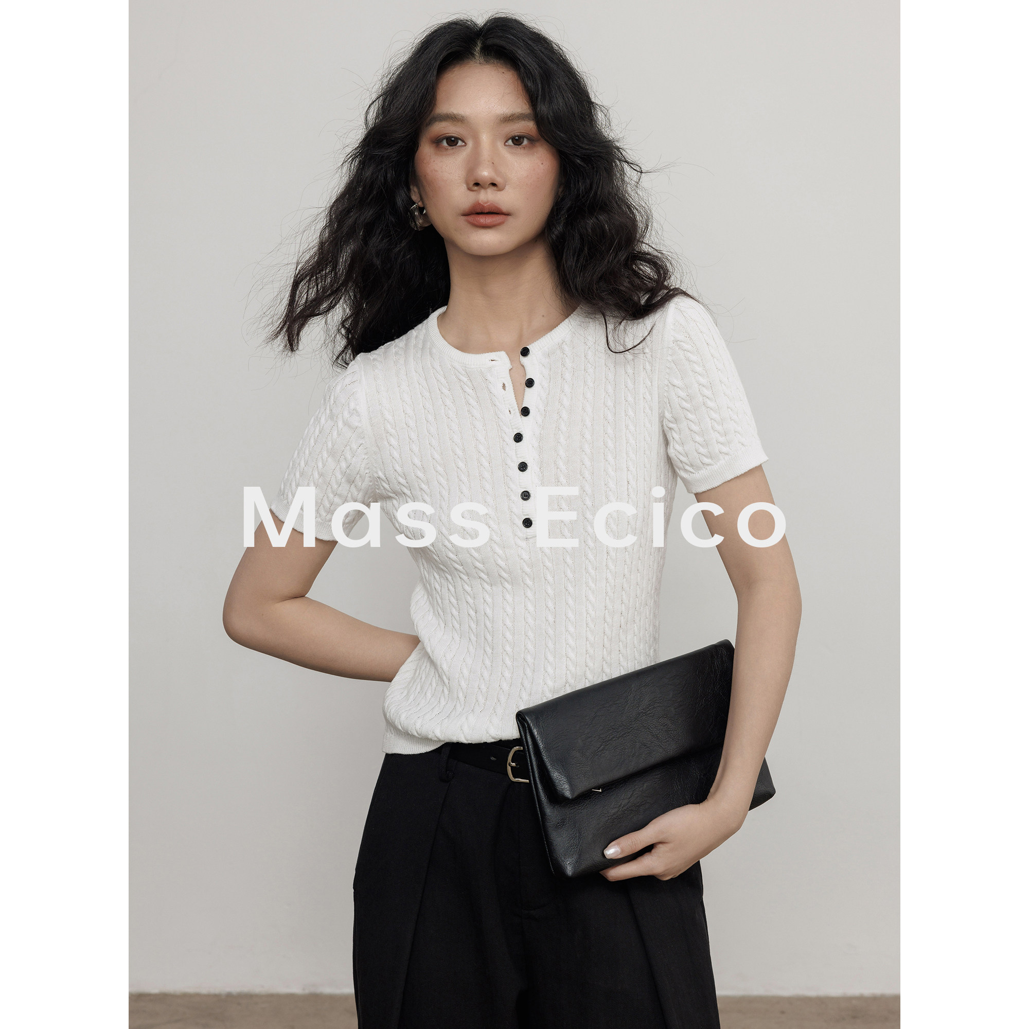 Mass Ecico2026夏季新款老钱风纯色圆领短袖套头外穿针织衫女上衣