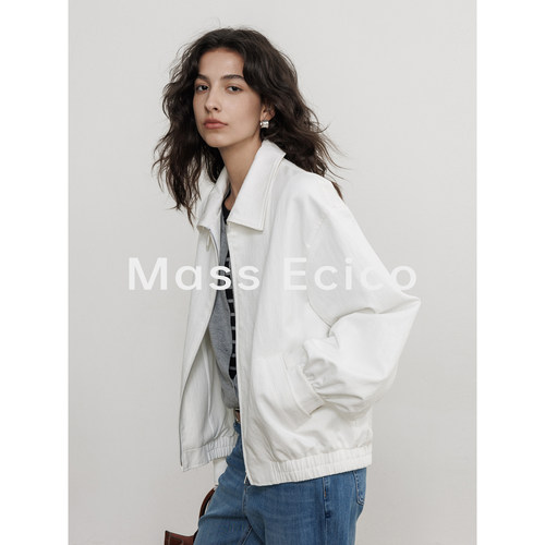Mass Ecico 天丝翻领老钱风工装外套女慵懒休闲白色夹克女装上衣