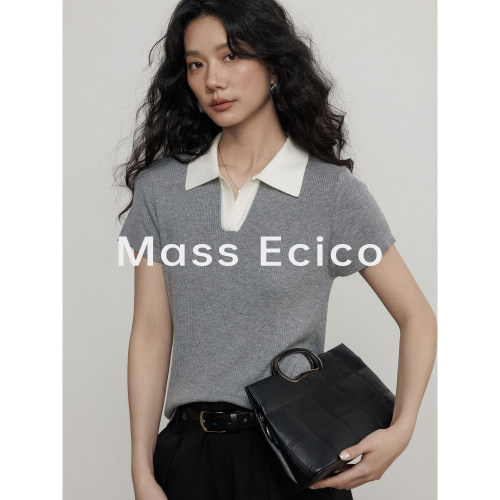 Mass Ecico拼接撞色POLO领短袖针织衫女夏季老钱风百搭套头上衣