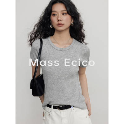 Mass Ecico纯色圆领短袖T恤女夏季新款显瘦薄款气质通勤针织上衣
