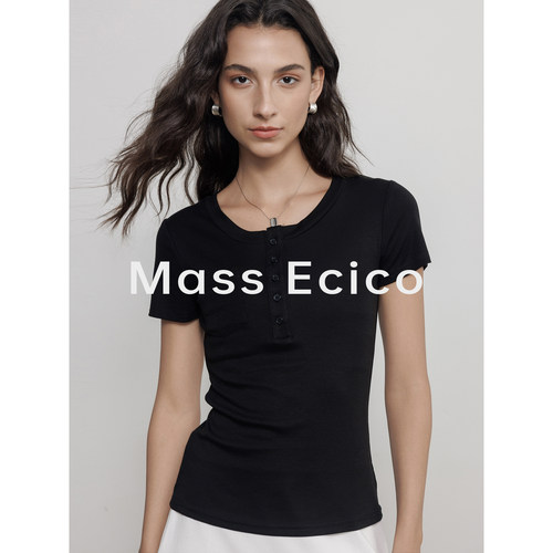 Mass Ecico法式简约纯色高级感短袖T恤上衣女夏季修身显瘦针织衫