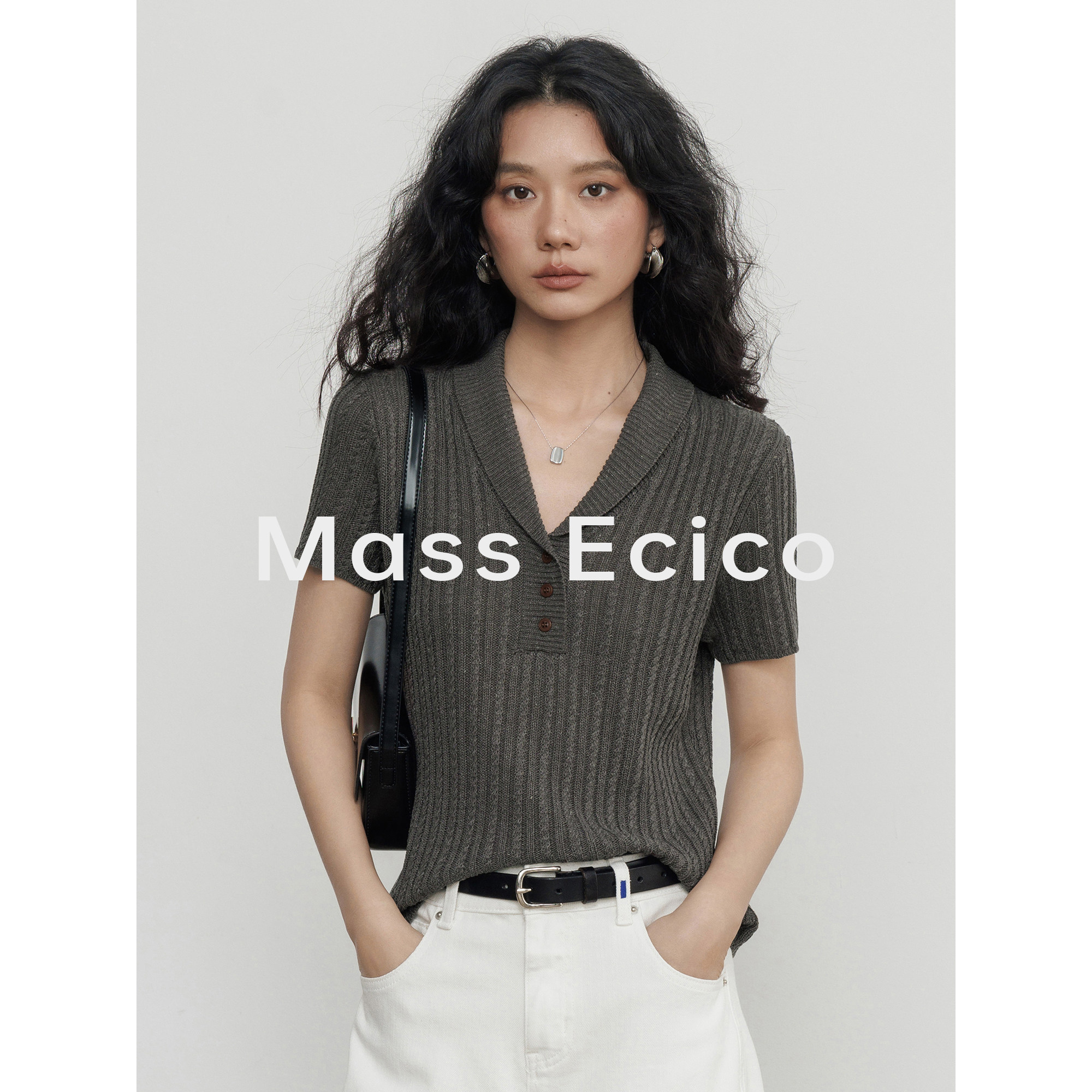 Mass Ecico老钱风天丝亚麻灰色短袖V领针织衫女夏季高级T恤上衣
