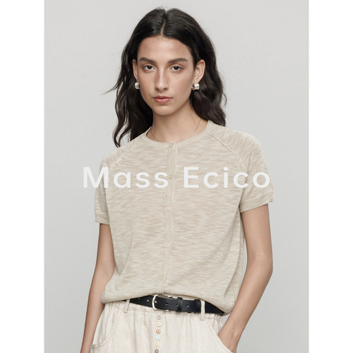 Mass Ecico老钱风短袖圆领针织衫女夏季薄款亲肤透气外穿开衫上衣