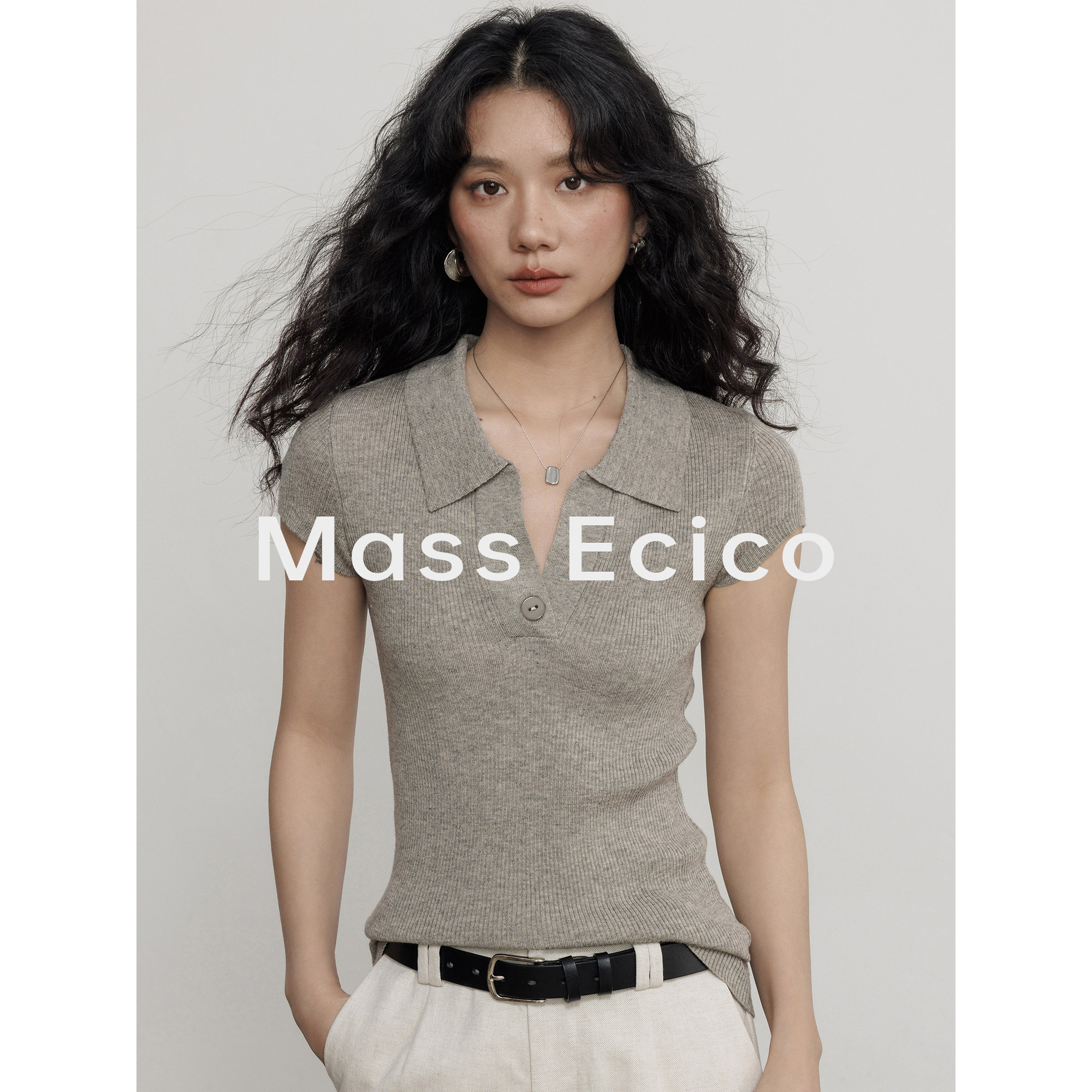 Mass Ecico老钱风气质通勤短袖翻领套头针织衫女夏季新款显瘦上衣