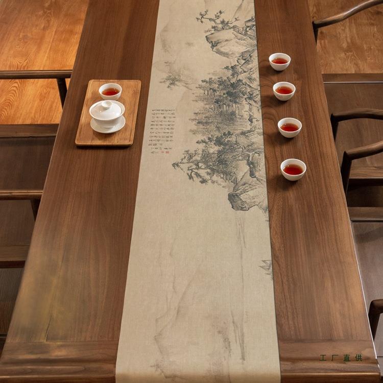 溪山清远茶席中式禅意桌旗茶桌垫布防水桌布茶台布艺长条高端茶旗