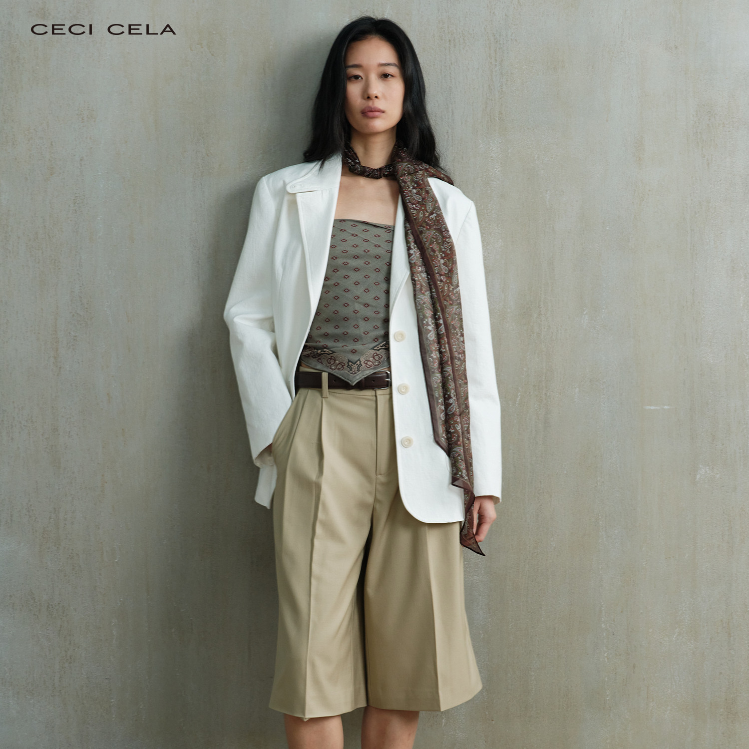 CECICELA棉麻感绗缝西装外套纯棉质透气宽松型女士职业休闲质感