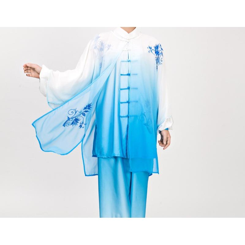 小和山太极服女刺绣青花渐变色披纱三件套武术表演比赛服男练功服