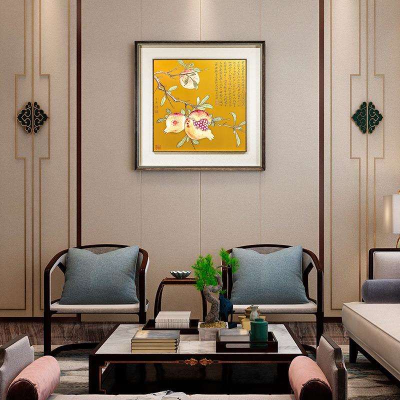 厂家直销新中式装饰画客厅书房玄关石榴挂画《多子多福》铜板画
