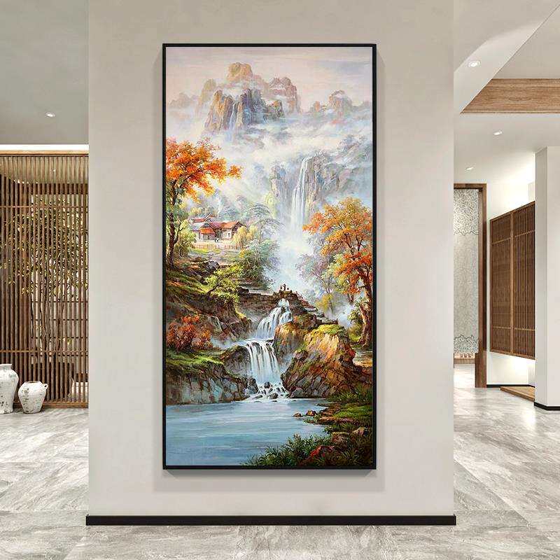 新中式山水风景瀑布玄关油画手绘装饰画走廊过道小桥流水古风挂画