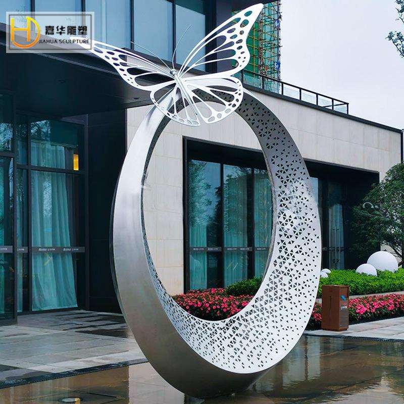 不锈钢圆环雕塑制作金属月亮镂空月牙发光水景售楼部摆件镜面圆圈