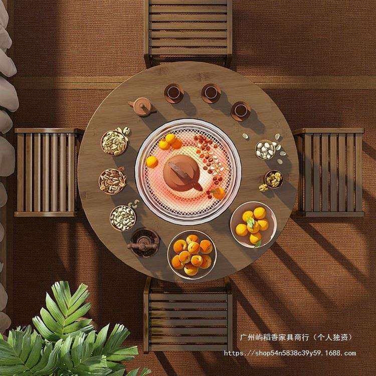 室内围炉煮茶小圆桌简约茶桌茶几家用阳台桌楠竹围炉餐桌烤火桌子