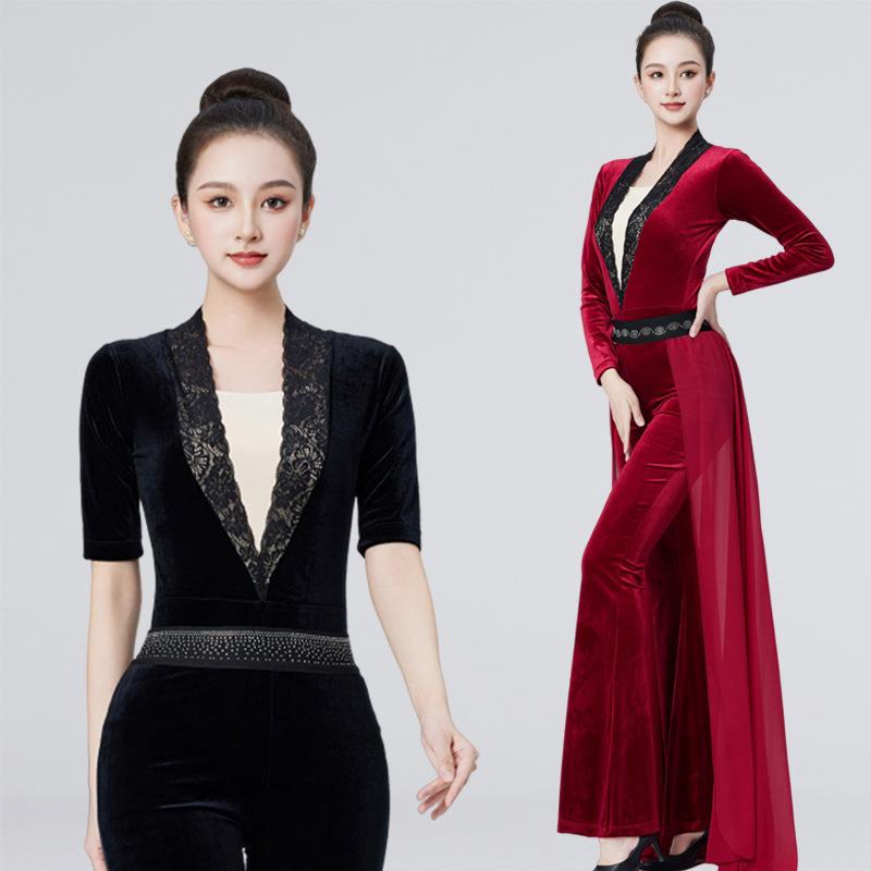 形体训练服女新款蕾丝连体服礼仪高级专业导师丝绒芭蕾舞练功服