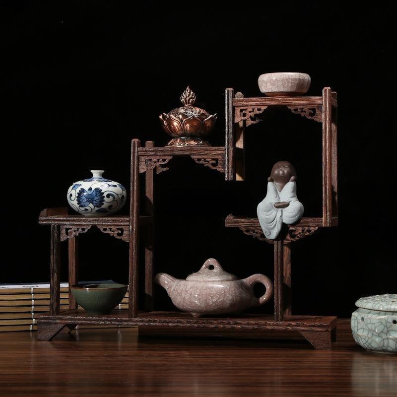 鸡翅木博古架中式小多宝阁茶具架子实木置物架茶壶架摆件架展跨境
