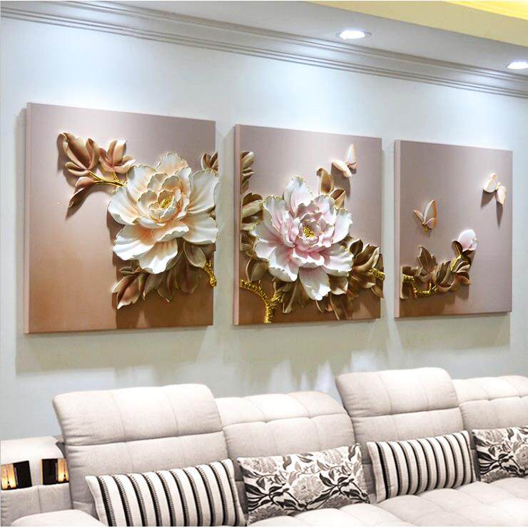 浮雕装饰画新中式无框简约三联挂画客厅沙发背景立体富贵牡丹墙画