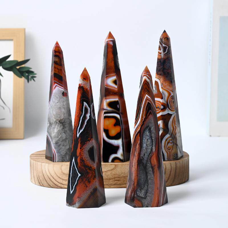 天然水晶黑红缠丝玛瑙单尖塔水晶原石打磨装饰品收藏摆件跨境热卖