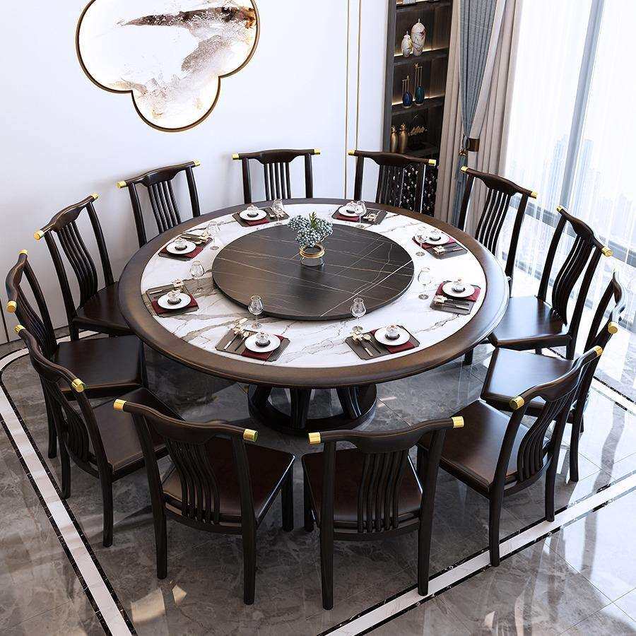 岩板实木餐桌椅组合圆形新中式家用吃饭桌子圆桌带转盘简易圆台