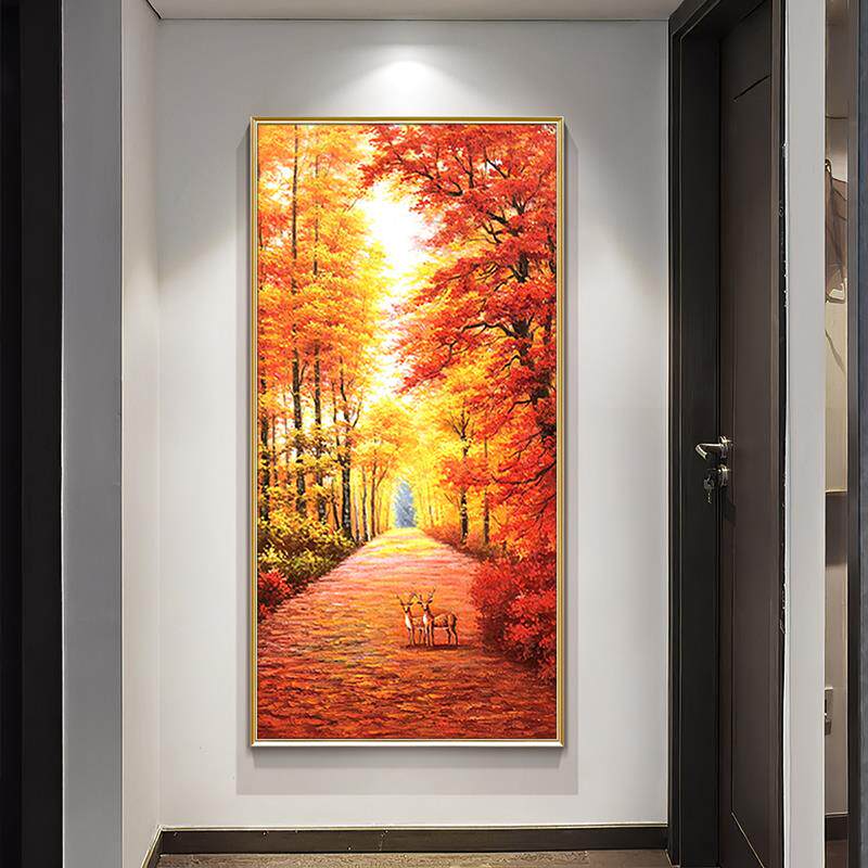 纯手绘油画黄金大道美式风景树林壁画玄关装饰画竖版走廊过道挂画