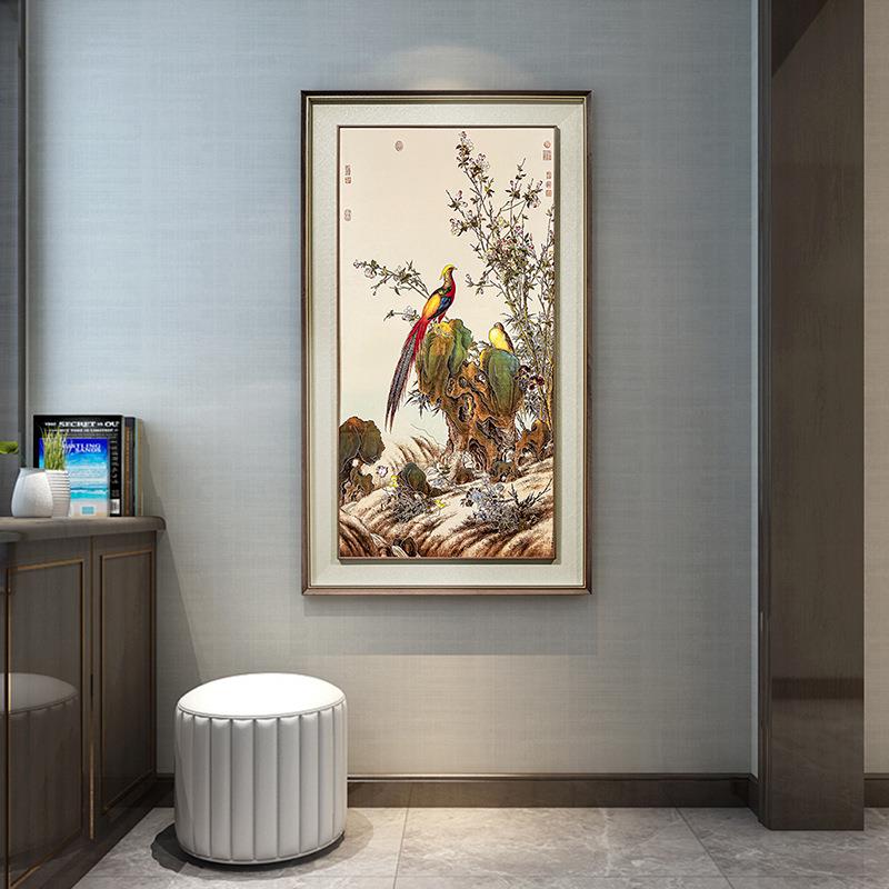 古典工笔花鸟玄关走廊过道挂画客厅花鸟画风水画锦春图铜板画白色