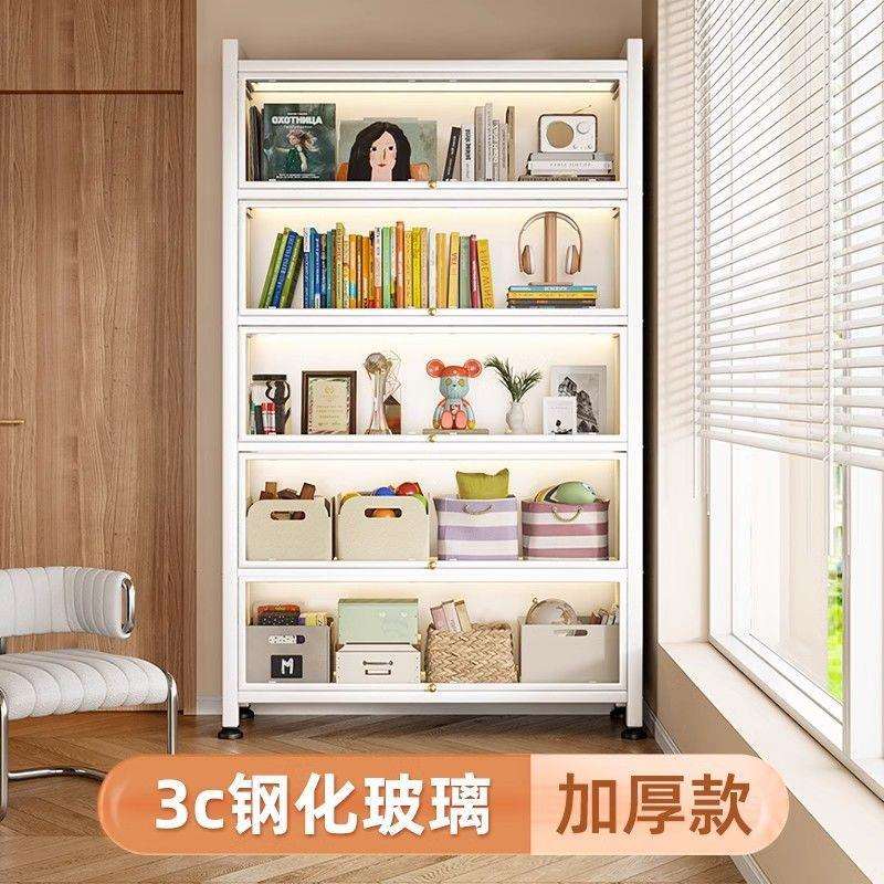 带玻璃门家用书柜儿童防尘书架客厅落地展示柜收纳柜子铁艺置物架
