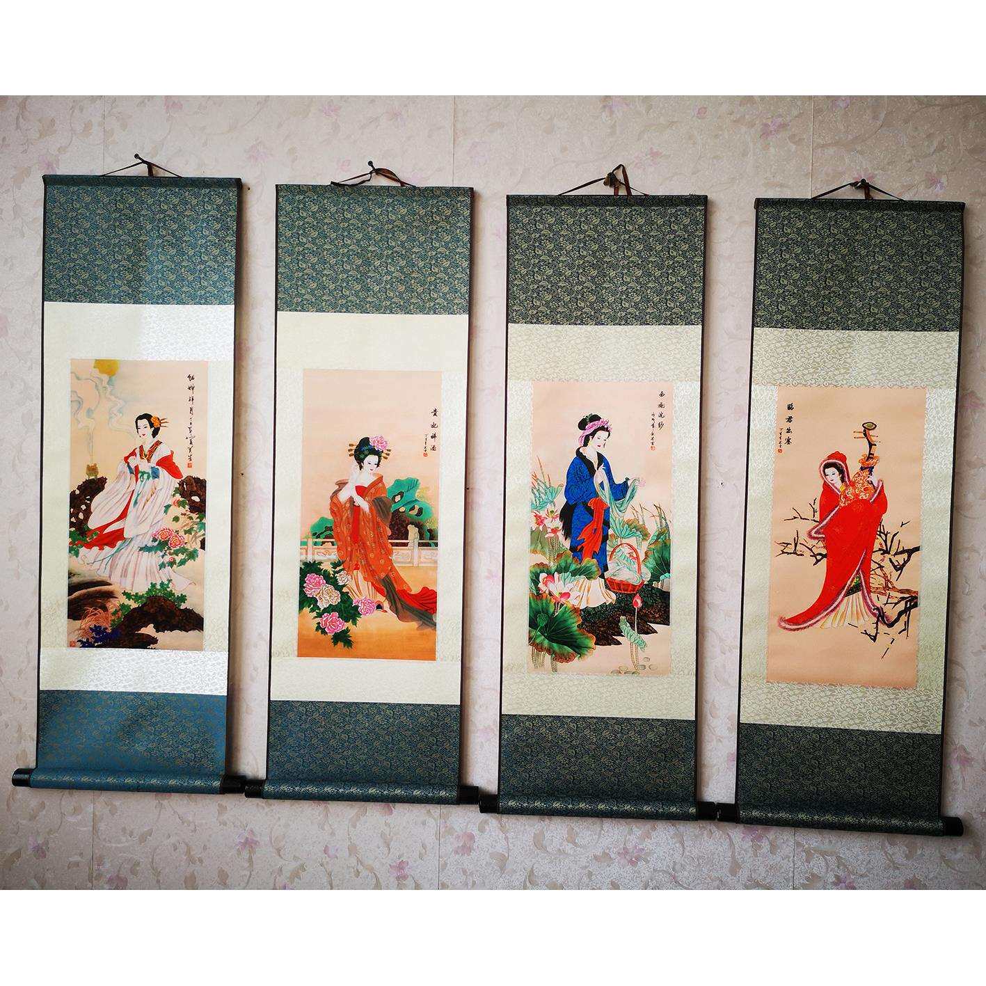 家居装饰工笔人物四条屏四大美女丝绸画 卷轴成套国画T20