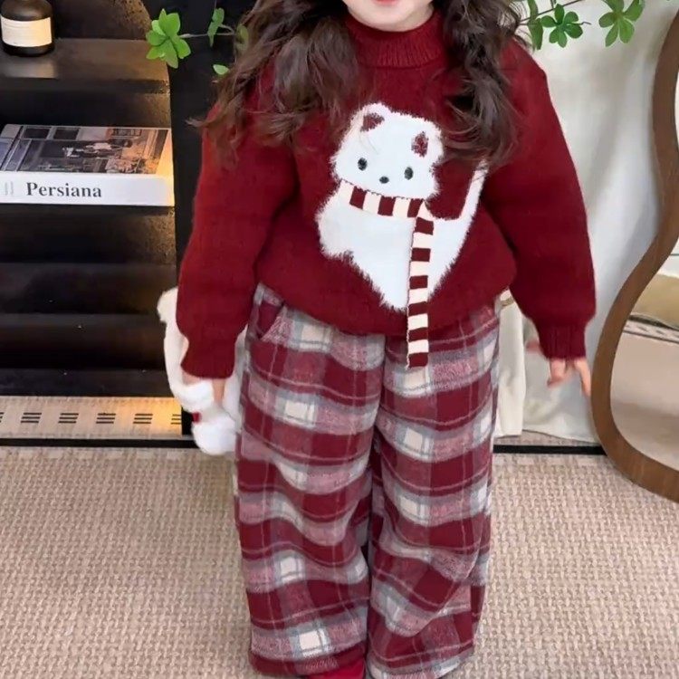 女童冬季2025新款儿童加绒红色拜年服套装百搭毛衣格子裤两件套潮,童装/婴儿装/亲子装,套装,淘宝优惠券,粉丝福利购,淘宝优惠卷
