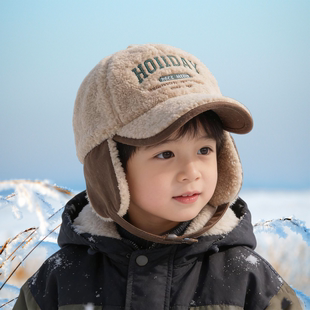 儿童帽子男童仿羊羔绒飞行员帽冬季加厚保暖护耳棒球帽护耳防寒帽