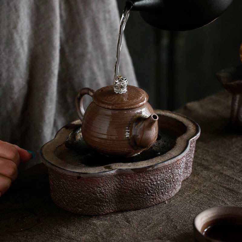 日式粗陶壶承 陶瓷茶盘蓄水干泡盘茶台茶托 手工复古铜币海棠茶盘