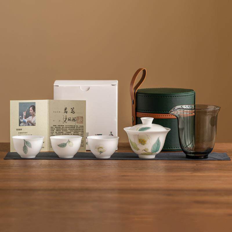 张丽娇大师素烧羊脂玉瓷盖碗旅行茶具便携式户外露营泡茶一碗三杯