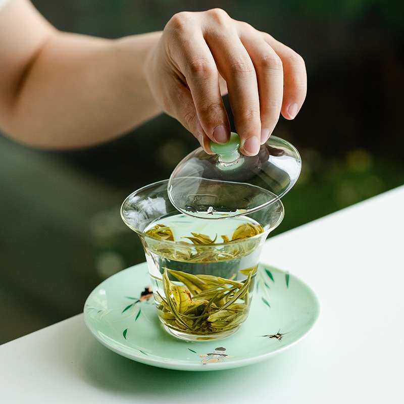 山鼎绿茶碗玻璃盖绿色透明泡茶碗陶瓷底托三才碗加厚耐热高透敬茶