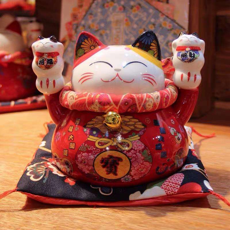 乐喵福缘喜庆开运陶瓷猫储蓄罐家居办公室摆件红色招财猫6寸