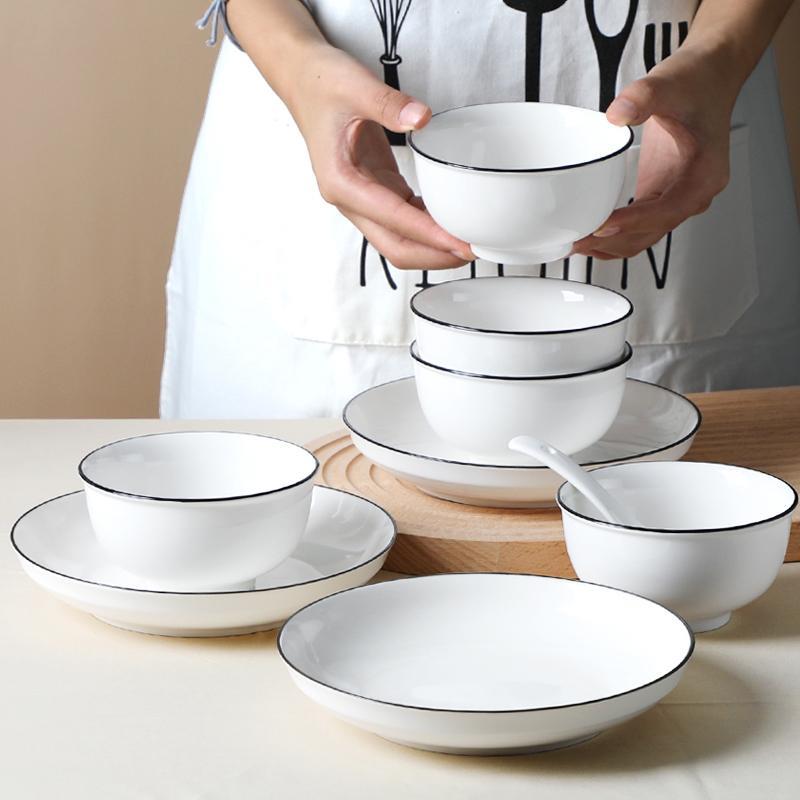家用陶瓷碗碟套装10人碗北欧简约风品锅汤碗米饭碗菜盘勺筷组合