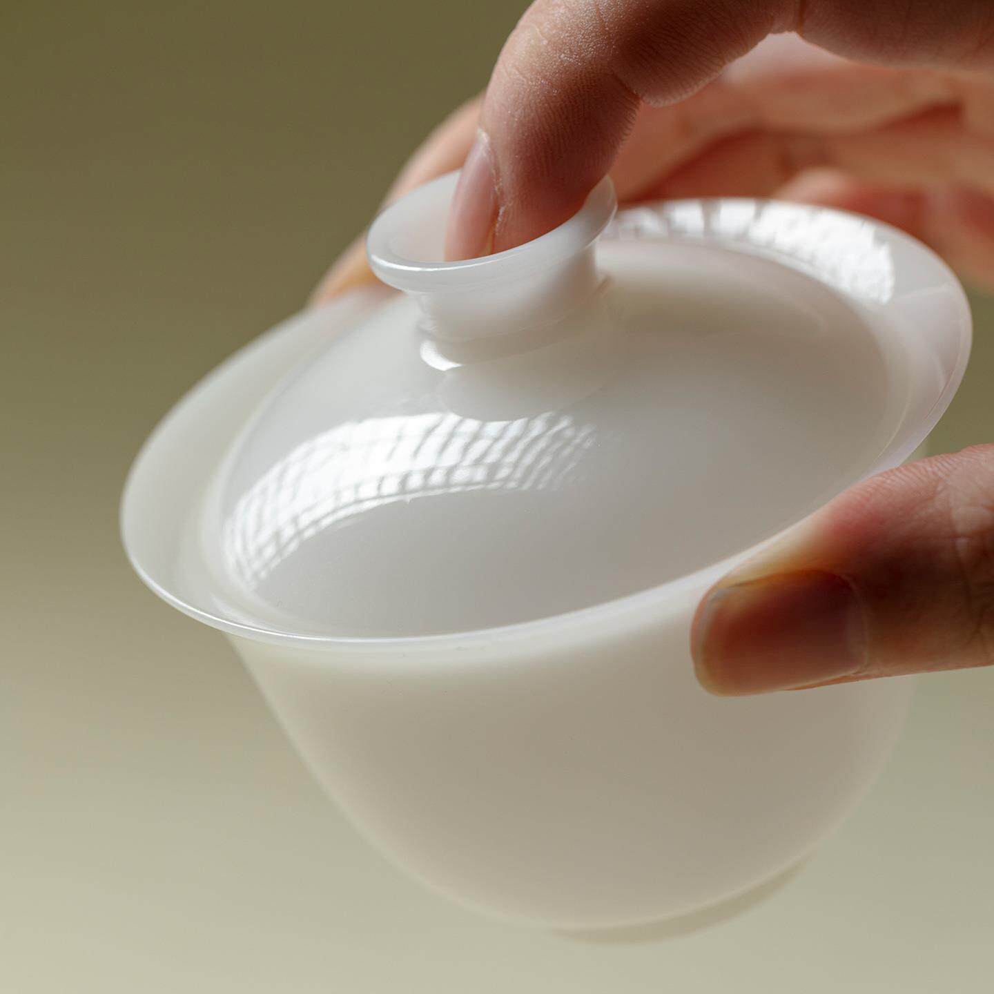 束刻 冰种璞玉玉瓷三才盖碗高端中国白瓷泡茶碗精致沏茶茶碗茶具