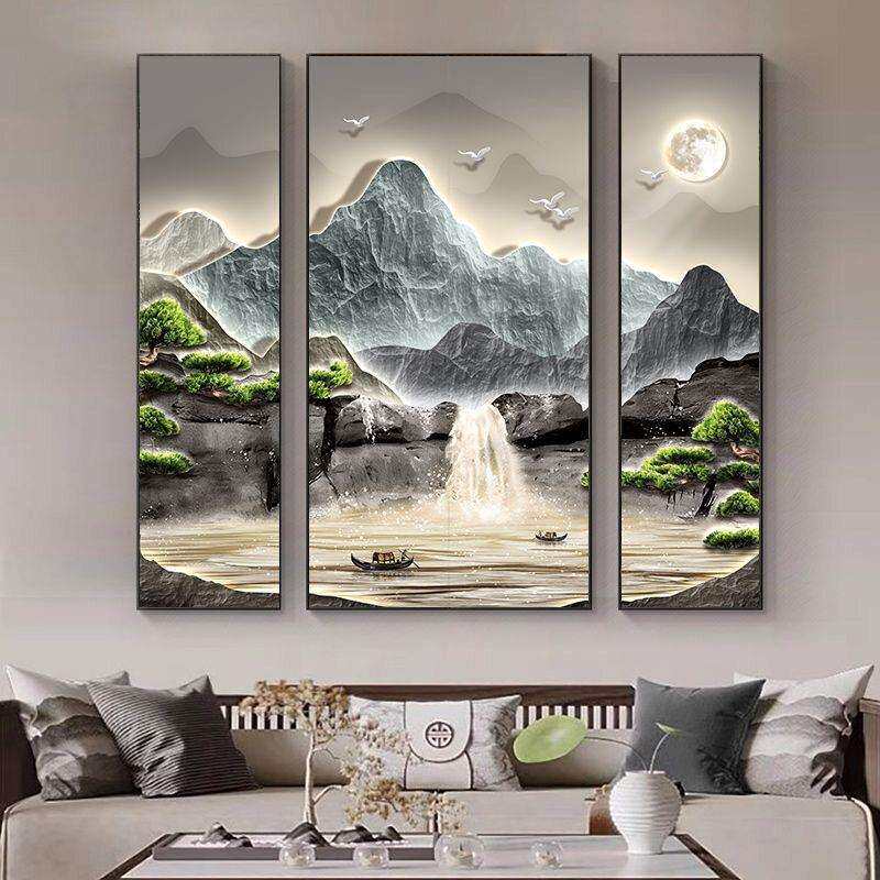 中堂画客厅组合三联挂画新中式农村堂屋大气山水装饰画聚盆壁画