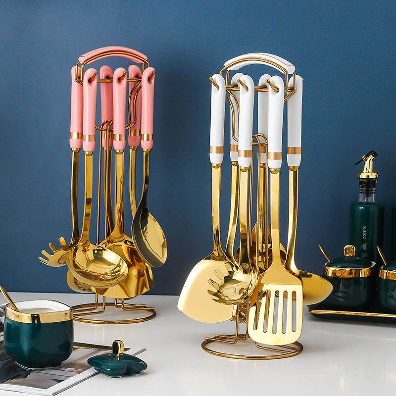 北欧轻奢厨具套装哑光墨绿色烹饪勺铲创意陶瓷手柄不锈钢厨房用具