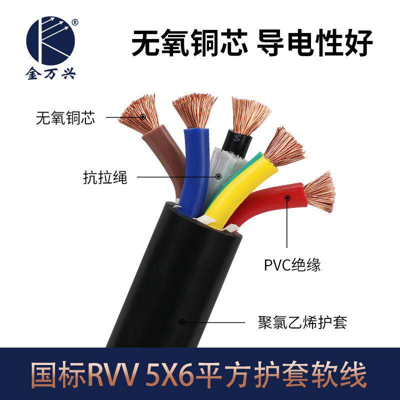 金万兴国标RVV多芯线缆5*6平方铜芯PVC护套控制电源线CCC认证电缆