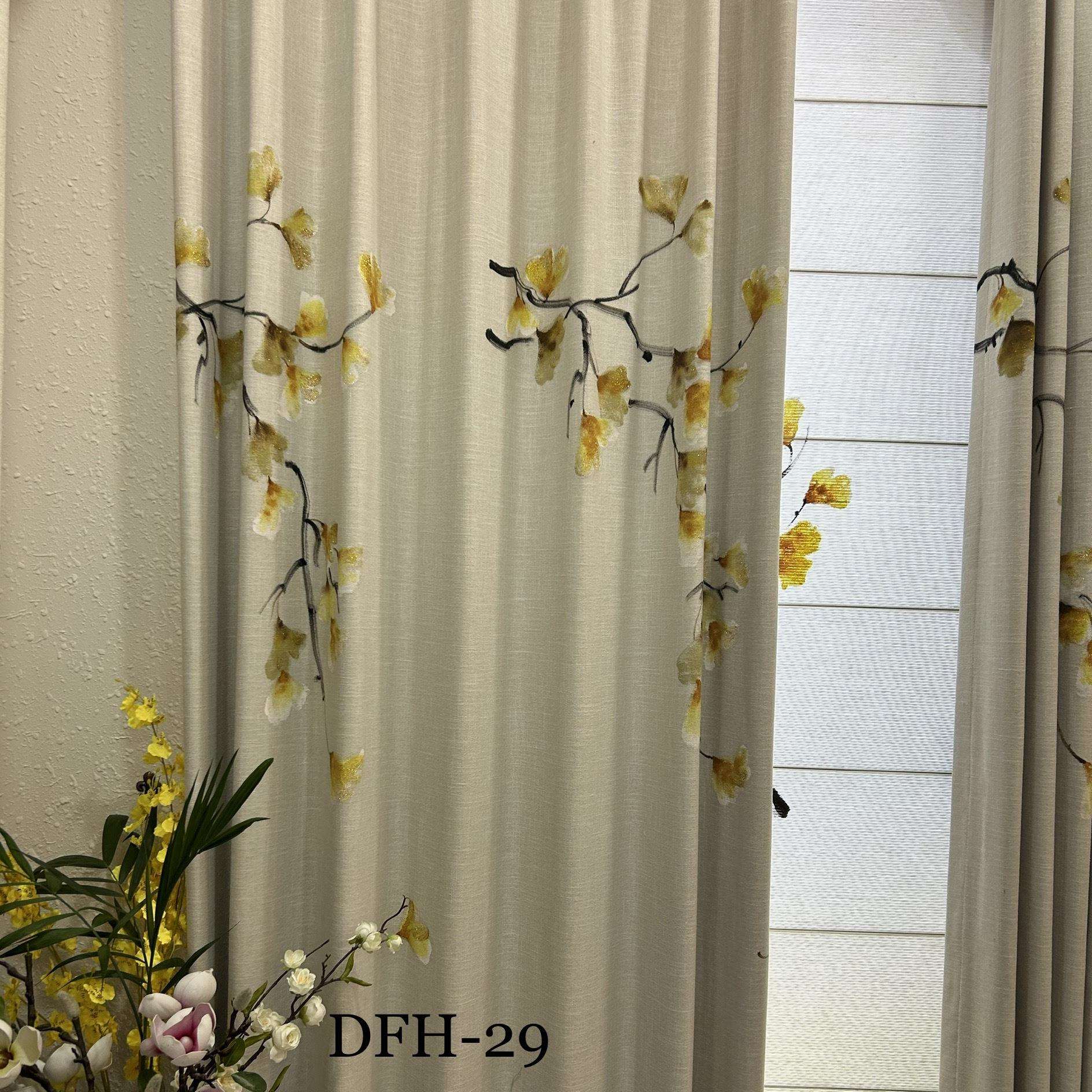 门幅280cm手绘新中式水墨江山银杏叶荷花中式软装窗帘布窗纱布料