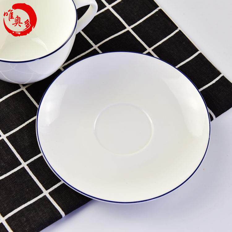 陶瓷简约北欧蓝边碗盘碟咖啡杯小套装加logo骨瓷餐具套装