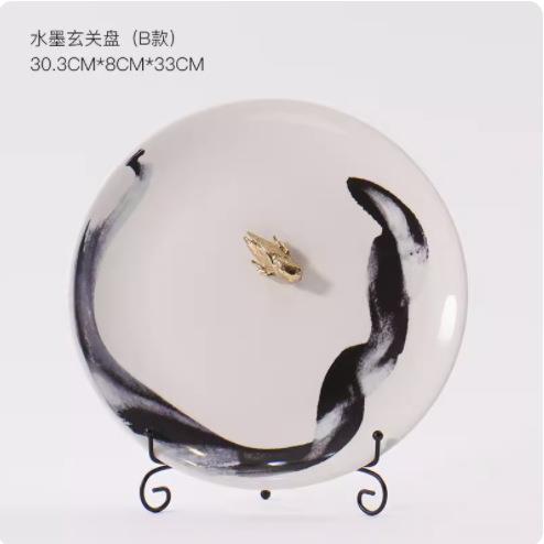 新中式陶瓷盘客厅看盘玄关软装饰品家居酒柜办公室盘子铜小鸟摆件