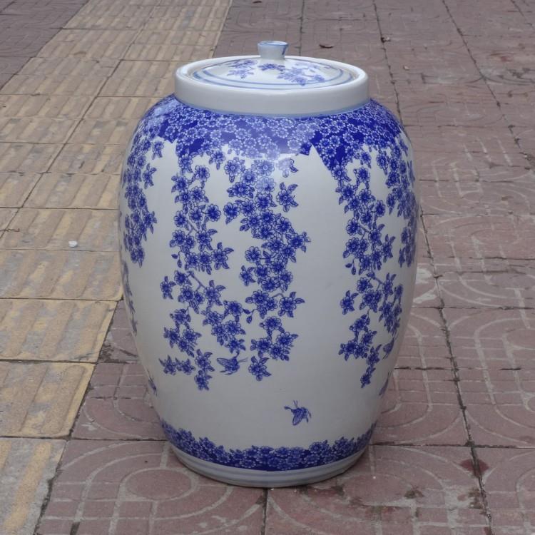 景德镇陶瓷米缸青花瓷蝶恋花带盖酒坛储物罐泡菜坛瓷器工艺品摆件