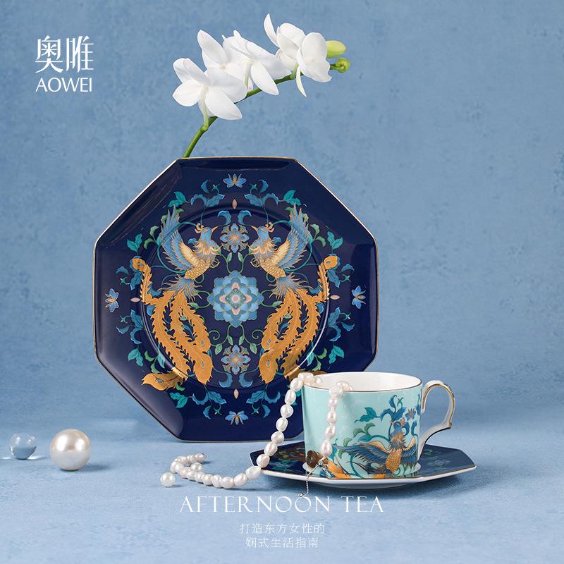 景德镇洛威翠凤流芳陶瓷咖啡杯碟高颜值下午茶具套装点心盘马克杯