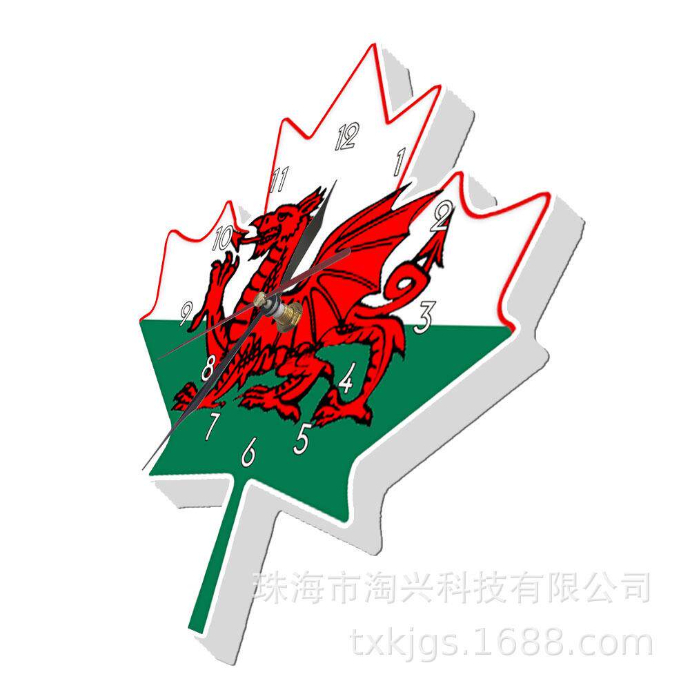 LED灯白色外框挂钟威尔士国旗图案白枫叶红色龙时钟家居装饰墙钟