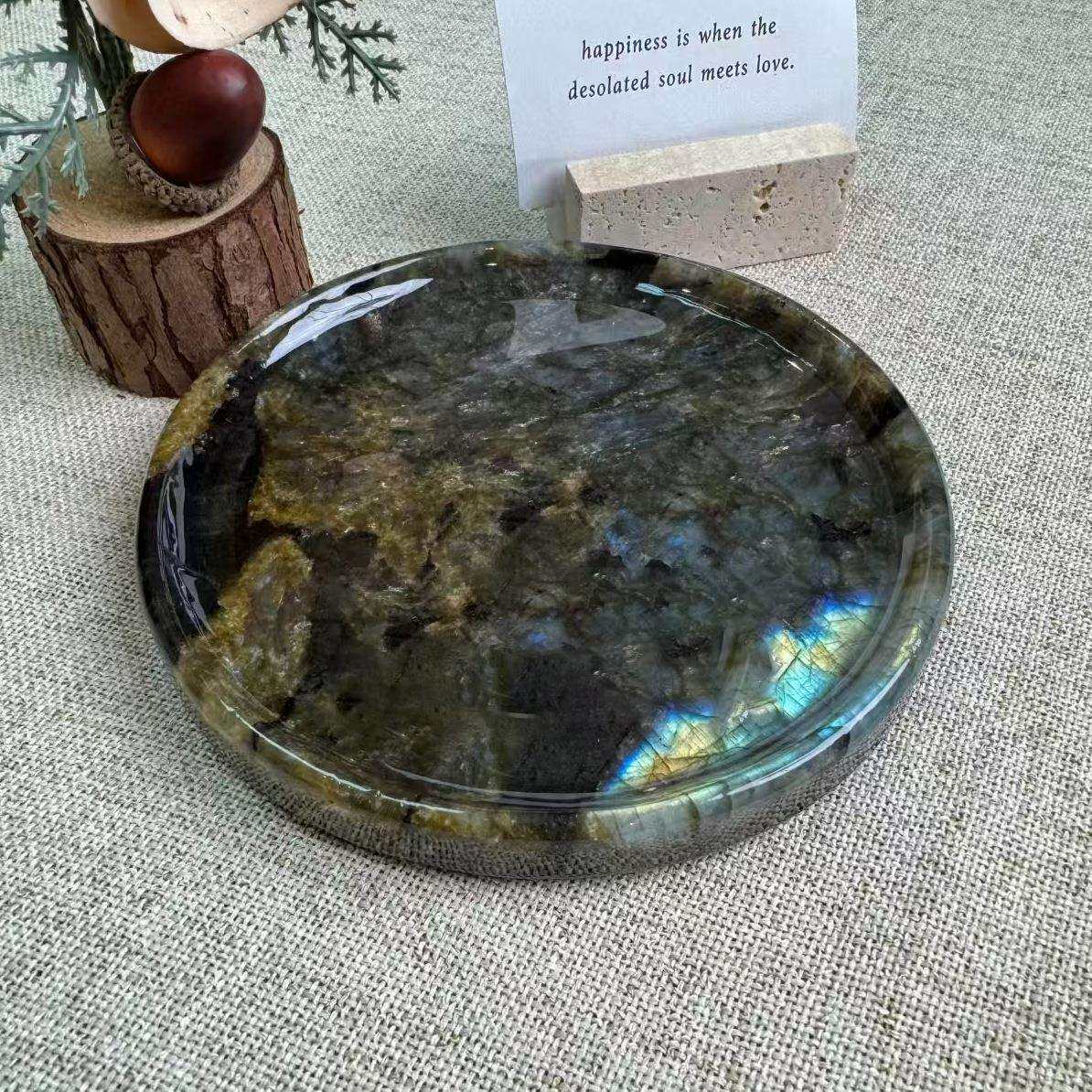 水晶拉长石原石托盘圆盘月光石摆件蓝翡翠奢石水晶雕刻工艺品