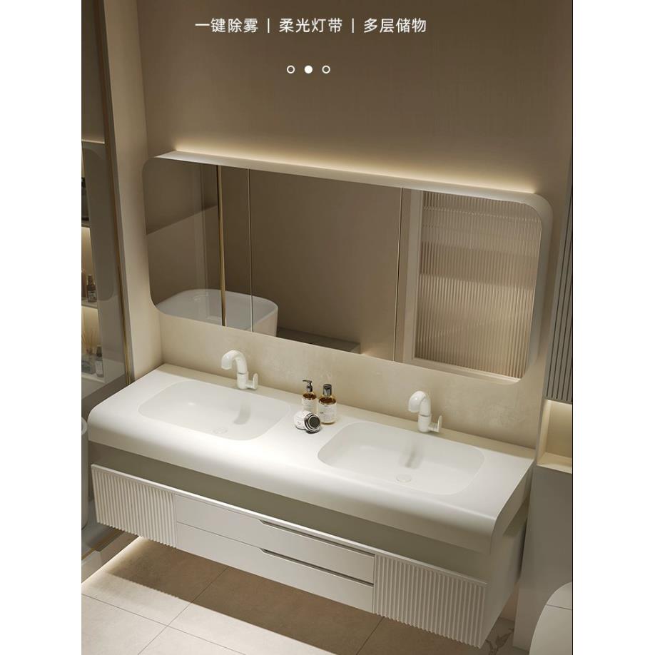 肤感可丽耐一体双盆浴室柜组合橡木洗手脸盆洗漱台镜柜智能镜柜