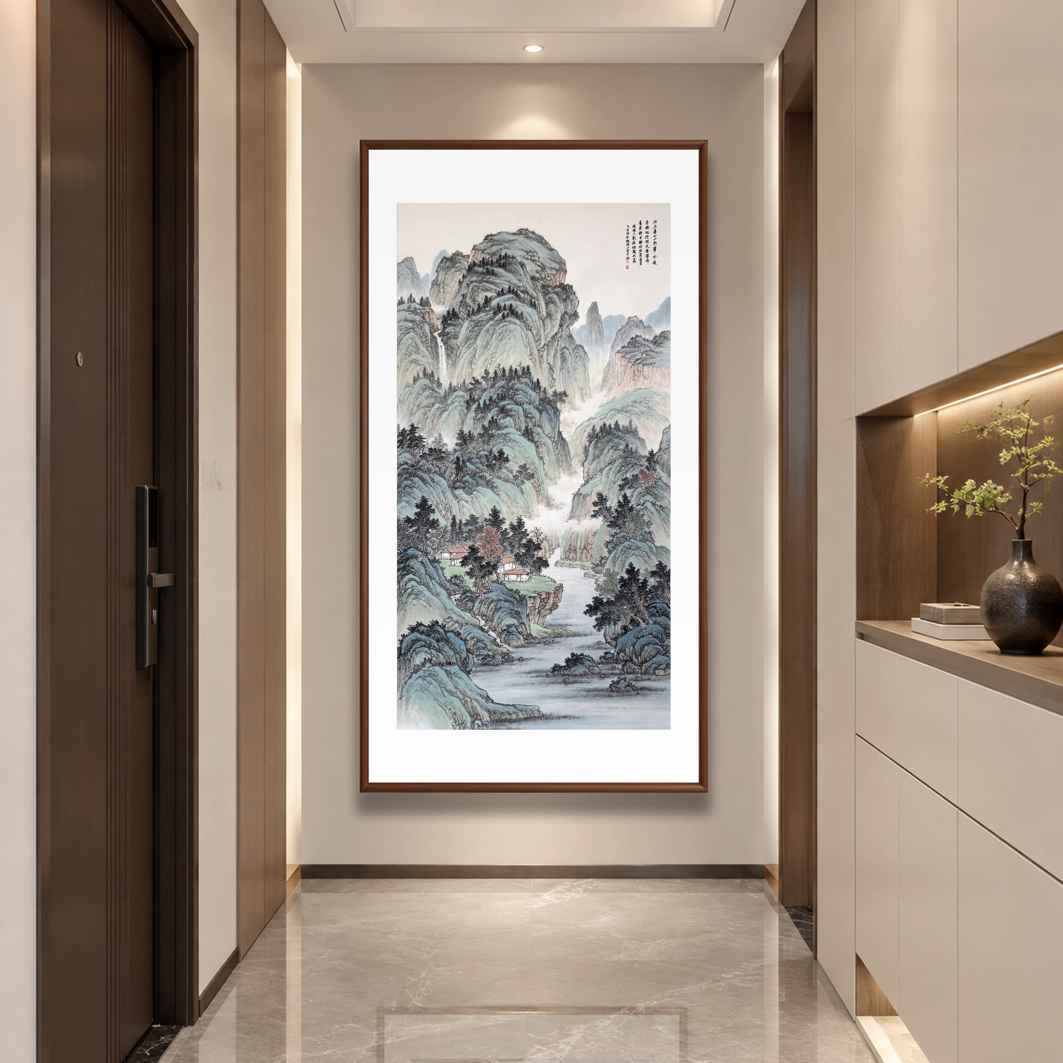 新中式山水玄关过道挂画流水生财