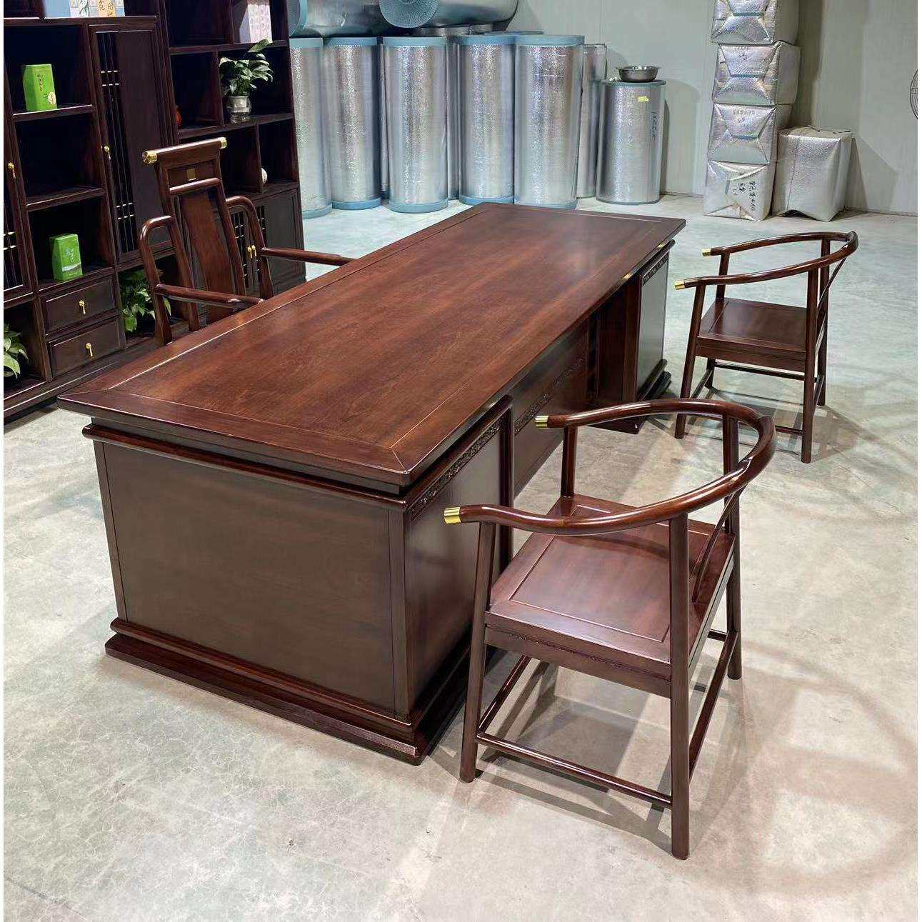 新中式实木办公桌储物老板桌大班台书柜总裁董事长办公家具茶桌